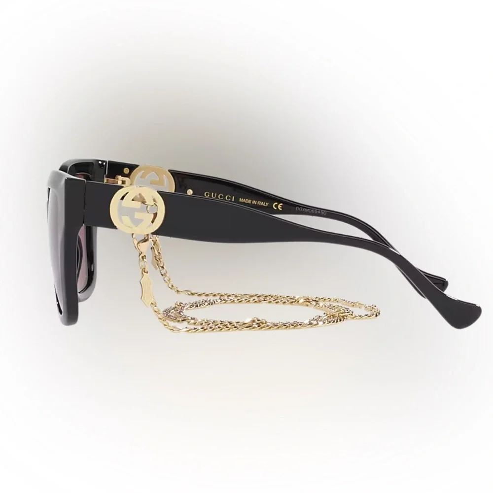 Gucci Black Square Sunglasses with Brown Lenses and Gold Chain Accent - Picture 2 of 8